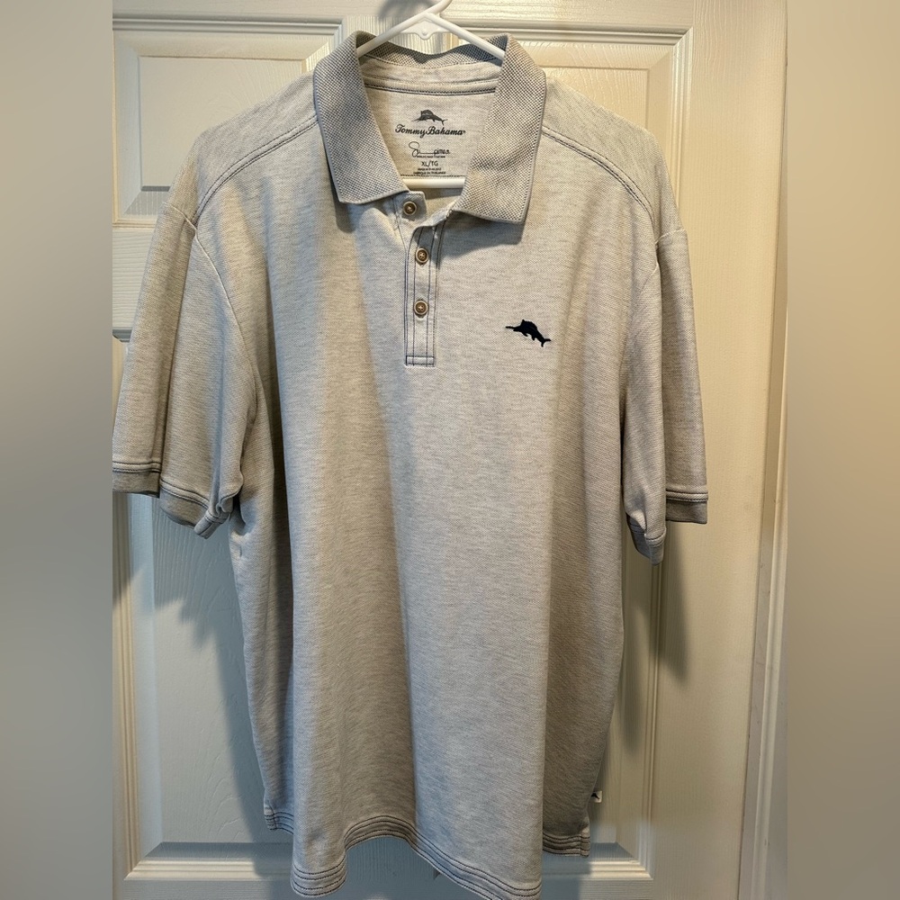 Tommy Bahama Light Gray Polo with Navy Dolphin Logo